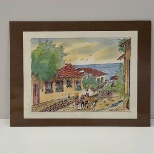 VTG Luis Guerrero Montalban Sea Side Village, Watercolor Charming Village Scene